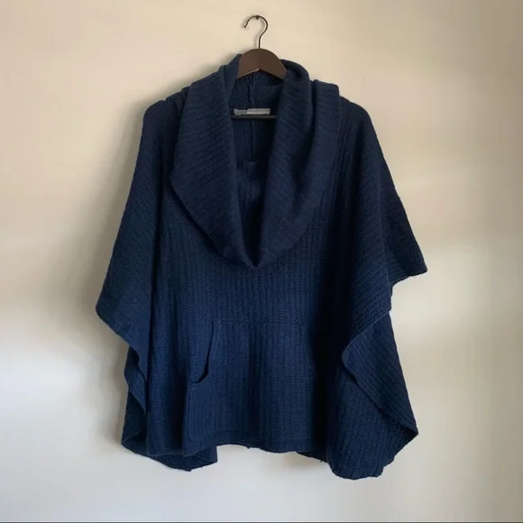 360Cashmere Heather Navy Cashmere Draped Poncho OS - Picture 1 of 7